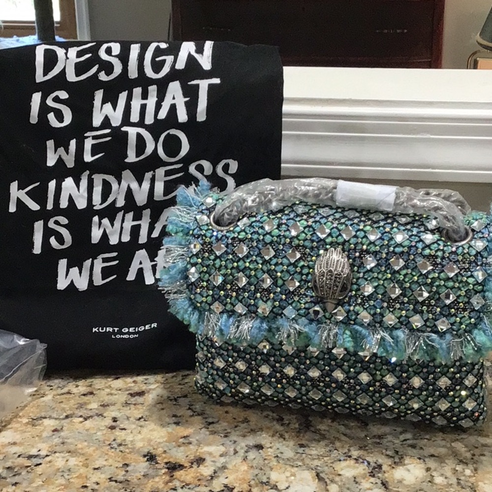 NWT Kurt Geiger Kensington Tweed & Silver Crystals Crossbody Handbag w/ dust bag